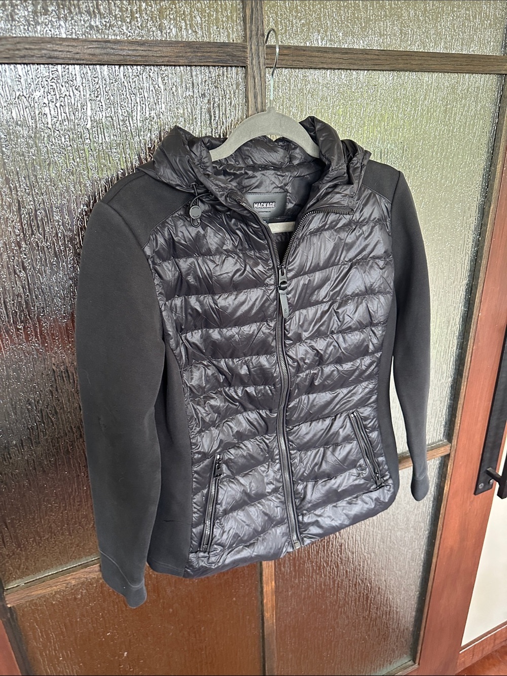 Mackage Women’s Della Hooded Mixed Media Jacket Puffer Hybrid Hooded Jacket Sz L - Picture 13 of 16